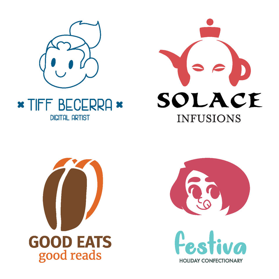 Collections of Logos; Self made Logo, Solace Infusions logo, Good Eats Good Reads logo, Fesiva Holiday Confectionary logo